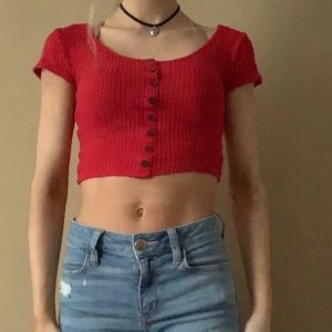 Red button up garage ribbed sweater crop top